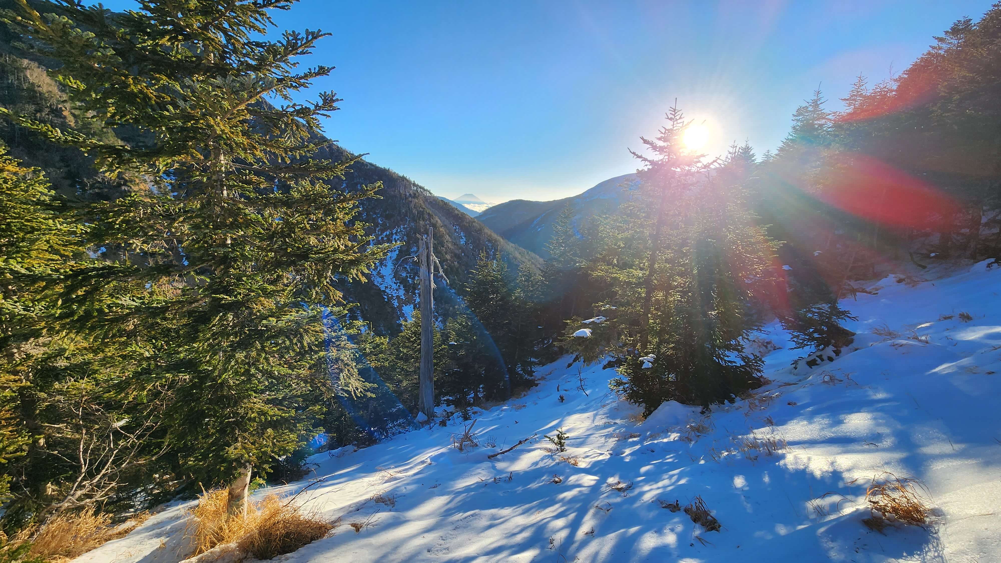 Paisagem de montanhas no Japão com árvores e neve em um dia ensolarado, representando as condições ideais para esqui, snowboard e trilhas de aventura guiadas no inverno japonês.